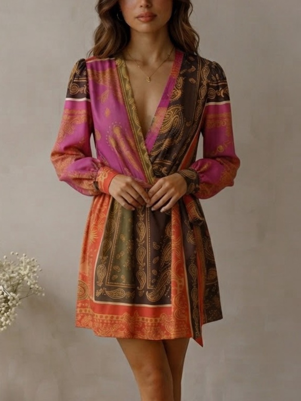 Chelsea & Violet Pink, Orange & Brown Paisley Wrap Mini Dress size large NWT